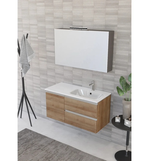 Vanity Unit 2 Drawers, 1 Door With Right Integrated Washbasin, Mirror Cabinet And Spotlight
