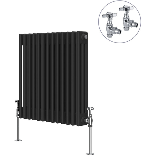 Black Traditional Cast Iron Style Radiator with Chrome Angled Cross Head Manual Valves Horizontal 3 Column 600x607mm