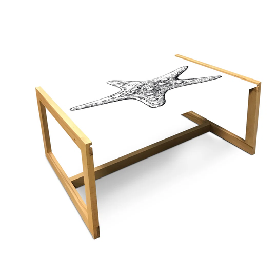Vintage Nautical Tattoo Coffee Table, Monochromatic Hand Drawn Sketch Of Starfish Pattern, Acrylic Glass Center Table With Wooden Frame For Offices Do