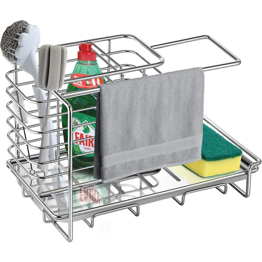Stainless Steel Sink Organizer, Tidy Sponge Holder, Utensil Holder Tool Basket with Drain Tray