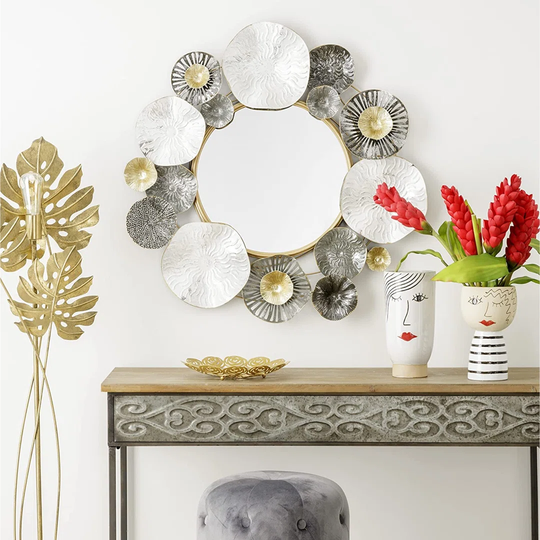Alexcia Sunburst Metal Wall Mounted Accent Mirror in White/Gold