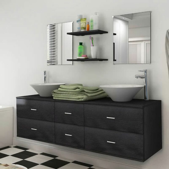 Seven Piece Bathroom Furniture and Basin Set Black VDTD15788 - Topdeal