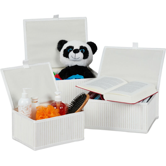 Sets of 3 Bamboo Storage Baskets with Lid, Decorative Organiser, Dust-free & Moisture-resistant, White - Relaxdays