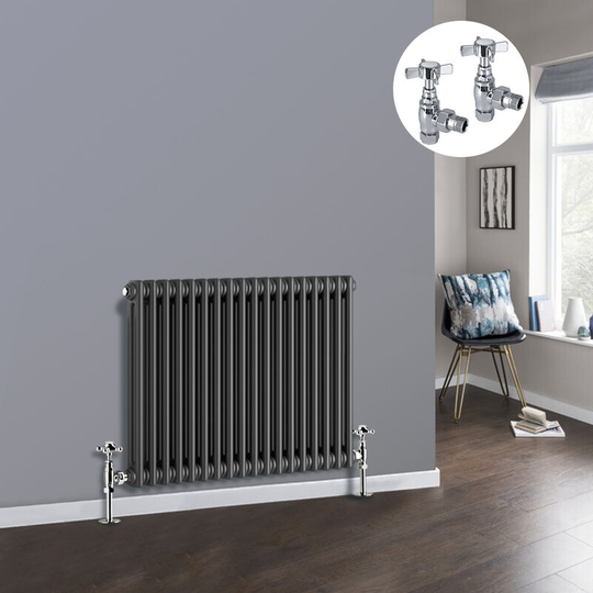 Anthracite 2 Column Traditional Cast Iron Style Radiator with Chrome Angled Cross Head Manual Valves Horizontal 600x830mm