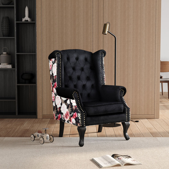 Modern Rose Pattern Tufted Armchair with Wooden Legs - Livingandhome