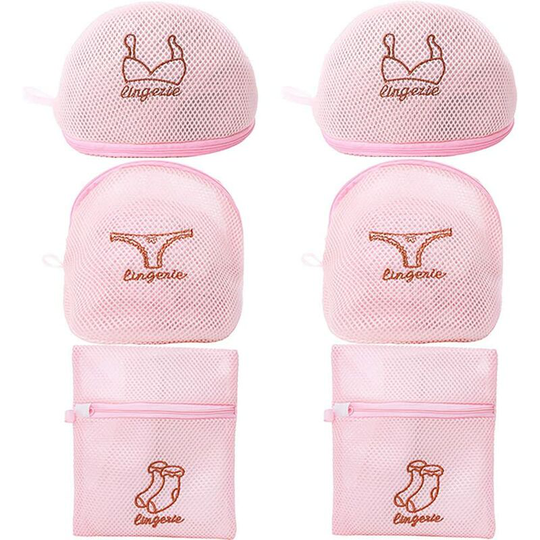 Bra Net Laundry for Machine Washing Reusable Bag, Travel, Storage, Polyester Mesh Wash Bag, with Zipper, Pack of 6 (Bra, Lingerie, Socks) Pink
