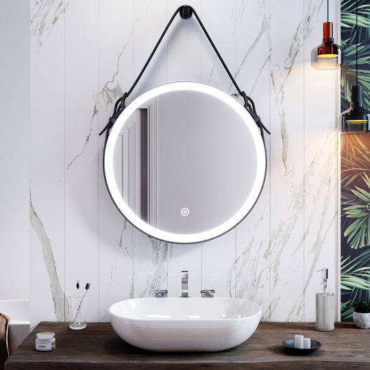 600 x 600mm Modern Round Bathroom Mirror with Touch Switch and Demister led Illuminated Backlit Wall Mounted Mirror with Decorative Black Belt (3PCS)