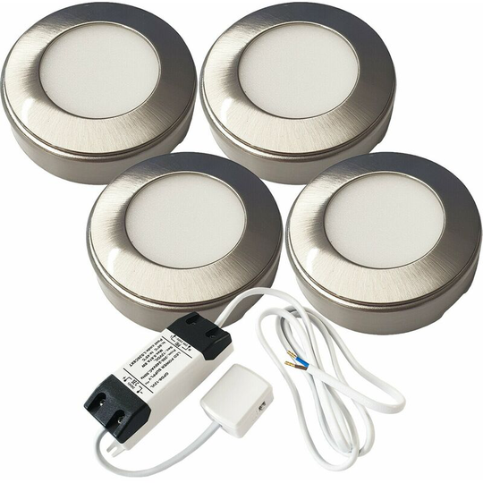 Loops - 4x brushed nickel Round Surface or Flush Under Cabinet Kitchen Light & Driver Kit - Warm White led