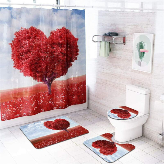 4 Pcs Shower Curtain Set Bathroom Toilet Contour Mat Non-Slip Bath Mat Covers Toilet Seat Cover - Floral Print (Love Tree)