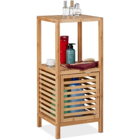 Bathroom Shelf, Door , HxWxD: 80x35x35 cm, Cabinet Narrow, 2 Open Tiers, Cupboard, Bamboo - Relaxdays