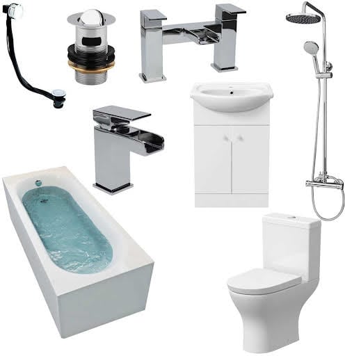 Arles Bathroom Suite with Single End Bath, Taps, Shower, Screen & Alpine Vanity Unit - 1700mm