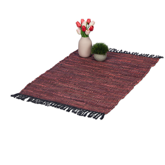 Relaxdays - Boho Runner Rug, Cotton and Leather, Non-Slip, Hand-Woven, with Tassels, for Living Area, 60x100 cm, Burgundy