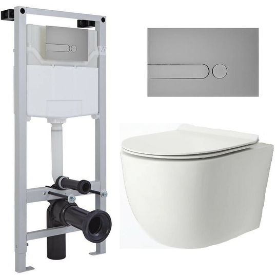 Milano - Overton - White Ceramic Modern Bathroom Wall Hung Rimless Toilet with Tall Wall Frame, Cistern and Satin Chrome Square Dot Flush Plate