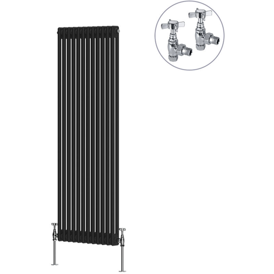 NRG - Black Traditional Cast Iron Style Radiator with Chrome Angled Cross Head Manual Valves Vertical 2 Column 1500x560mm