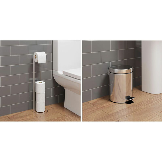 Bathroom wc Round Floor Standing Chrome Toilet Roll Holder 5L Round Bin Modern - Silver