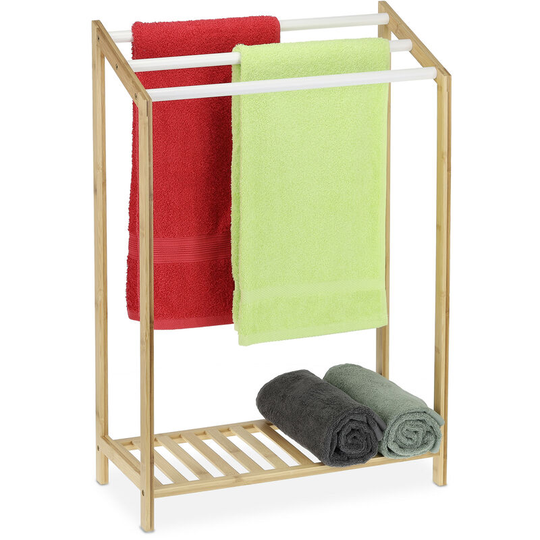 Free-Standing Bamboo Towel Holder, HxWxD: 78 x 53 x 24 cm, 3 Rails and 1 Shelf, Clothes Stand, Natural/White - Relaxdays
