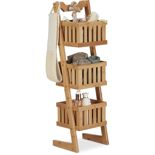 Bamboo Bathroom Shelf, 3 Tiers, Handle, Versatile, Organiser, Compact, Waterproof, Decorative, Natural - Relaxdays