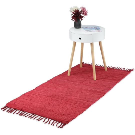 Flatweave rug, made of cotton, handmade, anti-slip, runner with tassels, floor rug, size 70 x 140 cm, red - Relaxdays