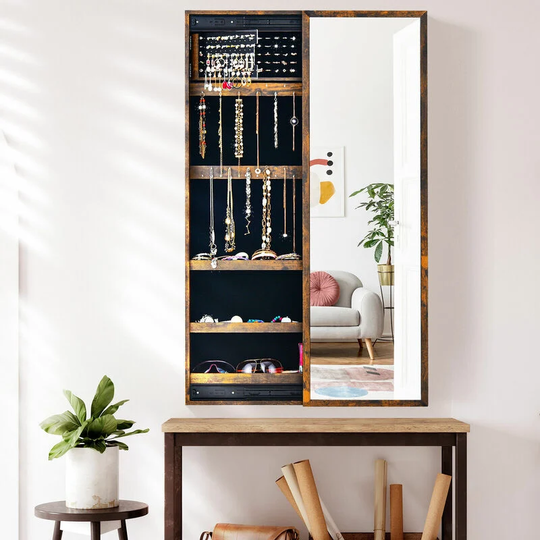 Wall-mounted Jewelry Storage Cabinet Sliding Door Jewelry Armoire w/ Mirror
