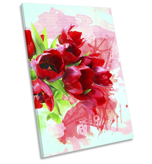 Grunge Tulips Flowers Picture CANVAS WALL ART Portrait Print Red