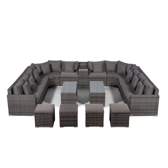 Villasenor Grey Rattan U Shape 10 Seat Sofa With 2 X 2 Stool Coffee Table + Drinks Cooler, Outdoor Patio Garden Furniture