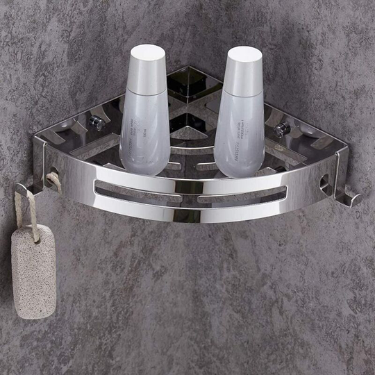 Stainless Steel Undrilled Triangle Corner Shower Caddy with 2 Hooks, Rust Resistant Self Adhesive Bathroom Rack 1 Shelf for Shampoo Holder, Silver