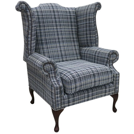 Chesterfield Queen Anne High Back Wing Chair Lomond Blue Fabric