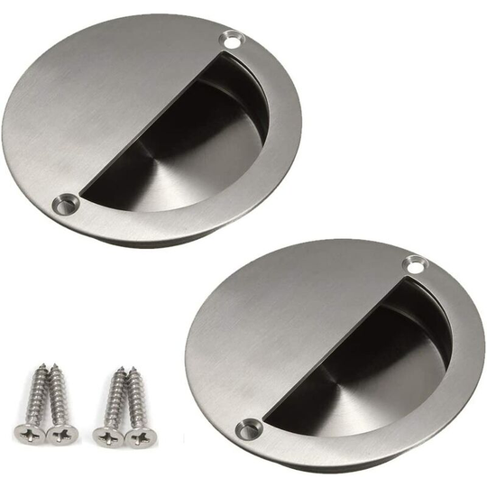 2 Packs Recessed Sliding Door Pull Handles, 90mm Stainless Steel Round Flush Finger Cabinet Pull Handles with Fixing Screws