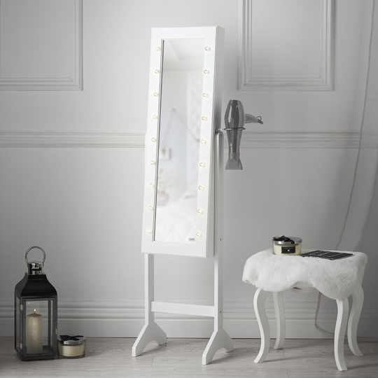 Zoey Standing Full Length Mirrored Jewellery Cabinet Makeup Storage with led Lights & Hair Dryer Holder 6 Drawers Makeup Organiser (White) - White