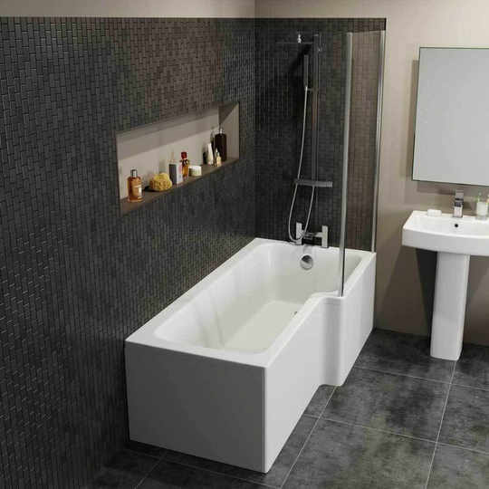 Affine - 1600 l Shaped Right Hand Shower Bath Bathtub Front & End Panel Acrylic Bathroom - White