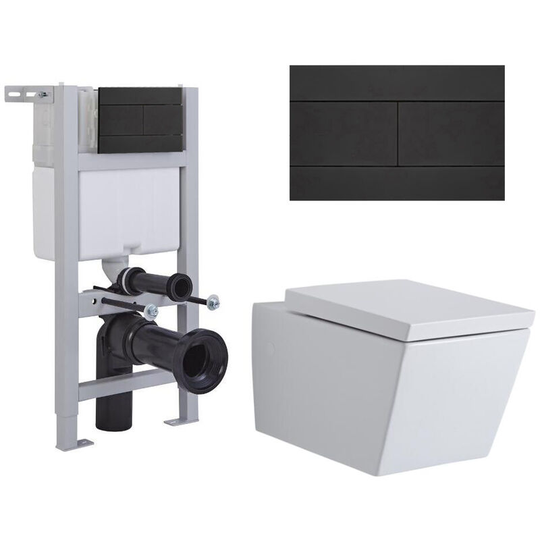 Milano - Dalton - White Ceramic Modern Bathroom Wall Hung Square Toilet wc with Short Wall Frame Cistern and Black Flush Plate