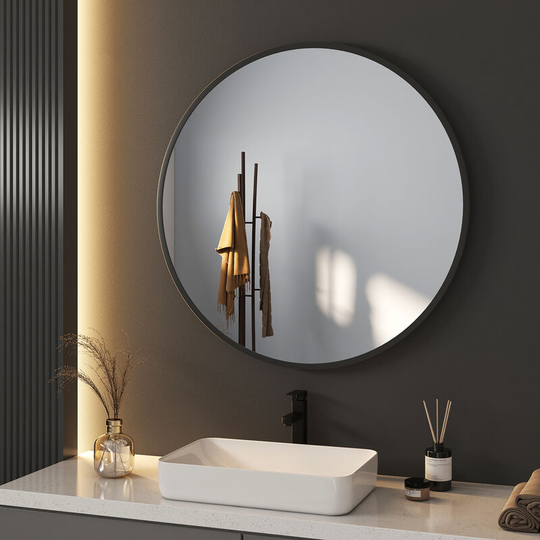 Meykoers Bathroom Mirror ф80cm Modern Bathroom Hanging Wall Mirror Round Black Frame with Adjustable Leather Strap