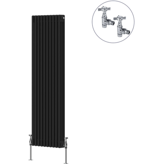 NRG - Traditional Rad Cast Iron Style Radiator Black + Chrome Angled Traditional Radiator Manual Valves 1500x470mm Vertical Triple Column