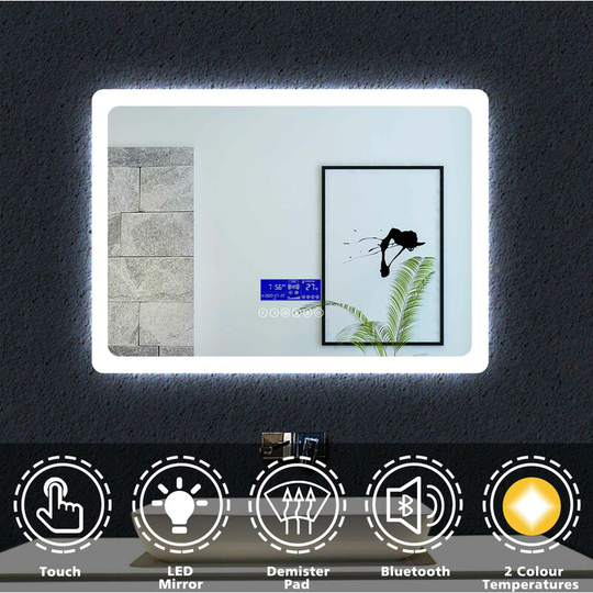 Acezanble - led Bathroom Mirrors with Bluetooth Speaker Adjustable Colors + Anti-Fog + lcd Panel (Touch, Clock, Date, Temperature) 50x70cm
