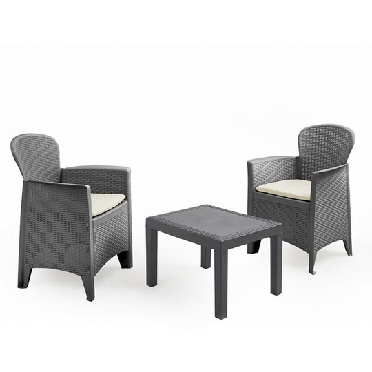 Akita - Polyrattan garden lounge with 2 armchairs + coffee table. Anthracite coloured outdoor lounge set supplied with 2 cream cushions