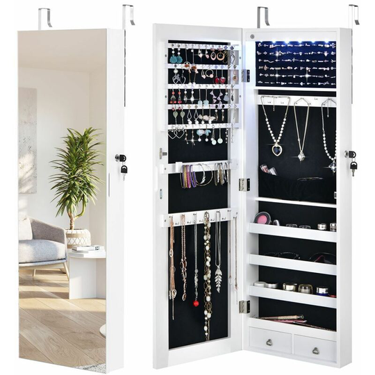 Led Lights Jewelry Cabinet Lockable Wall/Door Mounted Jewelry Armoire w/ Mirror