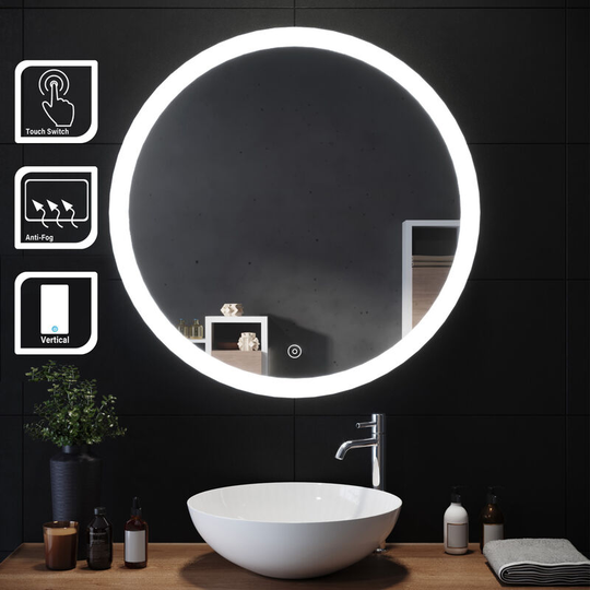 Illuminated led Bathroom Mirror 800 x 800 mm Modern Round Mirror Touch Sensor + Demister - Elegant
