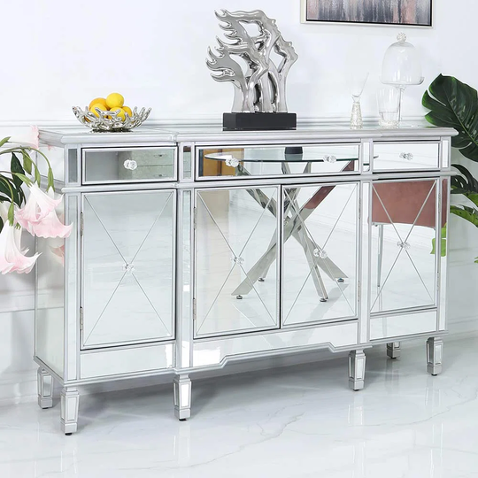 Bebington Sideboard Hallway & Living Room Furniture, 152Cm 4 Door 3 Drawer Mirrored Storage Cabinet