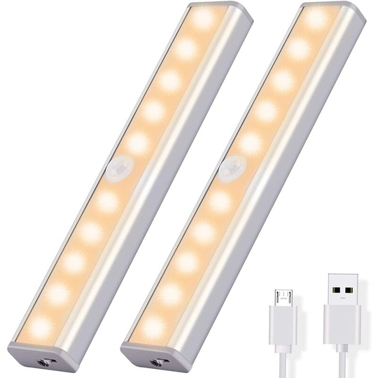 Gift - Closet Light 2 Pack, Motion Sensor Cabinet Light 10 led Adhesive Magnetic Strip Wireless usb Rechargeable for Closet, Bedroom, Staircase,