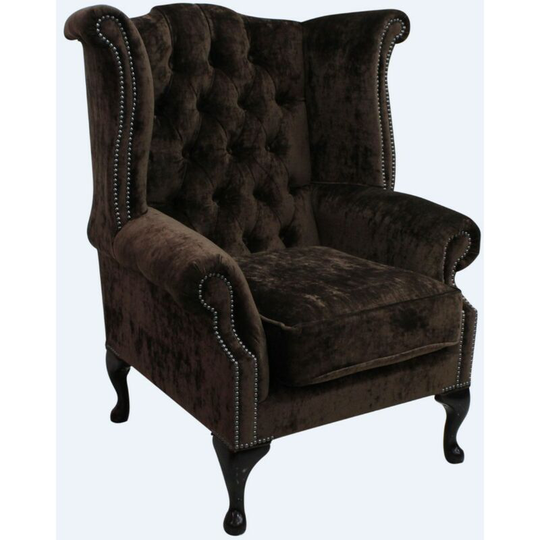 Chesterfield Queen Anne High Back Wing Chair Modena Dark Brown Velvet