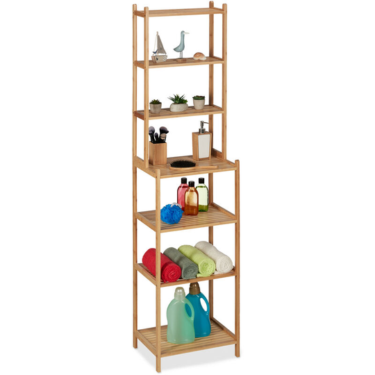 Bathroom Shelf, HxWxD 180 x 44 x 33 cm, 7 Shelves, Standing for Kitchen, Bamboo - Relaxdays