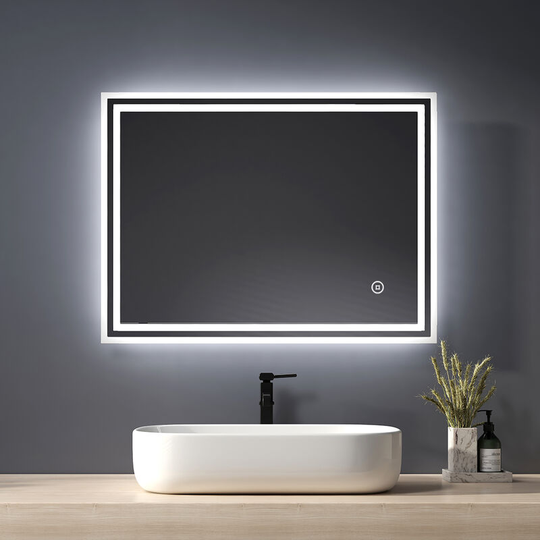 Modern Illuminated led Bathroom Mirror 800 x 600mm Wall Mounted Mirror with Touch Switch + Demister - Heilmetz