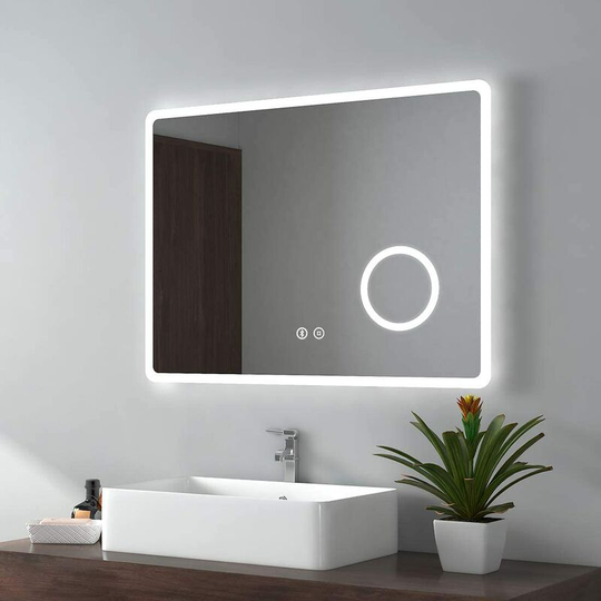 Emke - Backlit Illuminated Bluetooth Bathroom Mirror with Shaver Socket 600x800mm, Mirror with Lights + Demister + 3-Fold Magnification