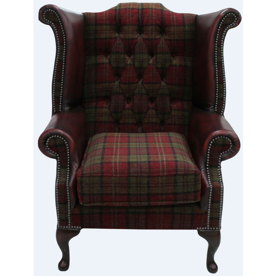 Chesterfield Queen Anne High Back Wing Chair Lana Terracotta Antique Oxblood Leather