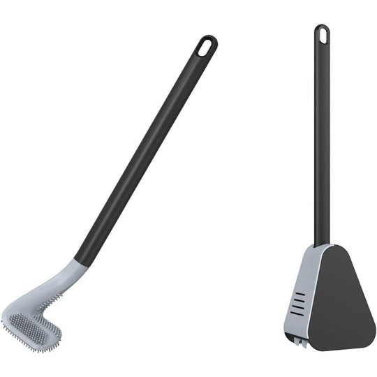 Toilet Brush, Golf Brush Head, Toilet Brush and Container with Long Handle, No Drilling Silicone Toilet Brush, Premium Flat Toilet Brush, Black
