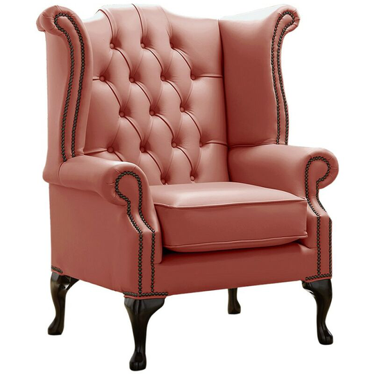 Chesterfield Queen Anne High Back Wing Chair Shelly Wood Burner Leather