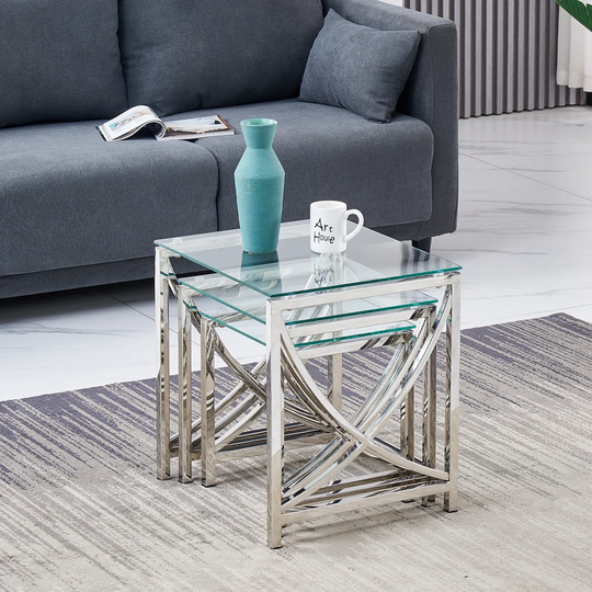 Stainless Steel Nest Of Tables With Clear Tempered Glass Top Set Of 3 For Living Room(Curve)
