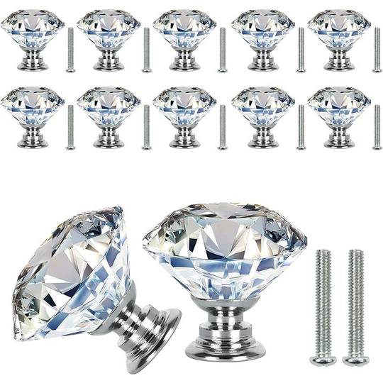 12PCS 30mm Clear Diamond Door Knobs with Screws, Crystal Cabinet Drawer Handle