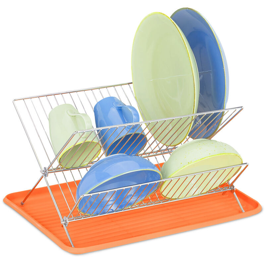 Relaxdays - Dish Drainer with Drip Tray, Folding Drying Rack, Metal & Plastic, HxWxD 24 x 42 x 32 cm, Orange