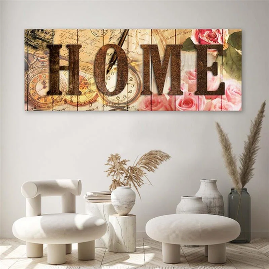 Canvas print, Home inscription, retro clocks, letters and flowers